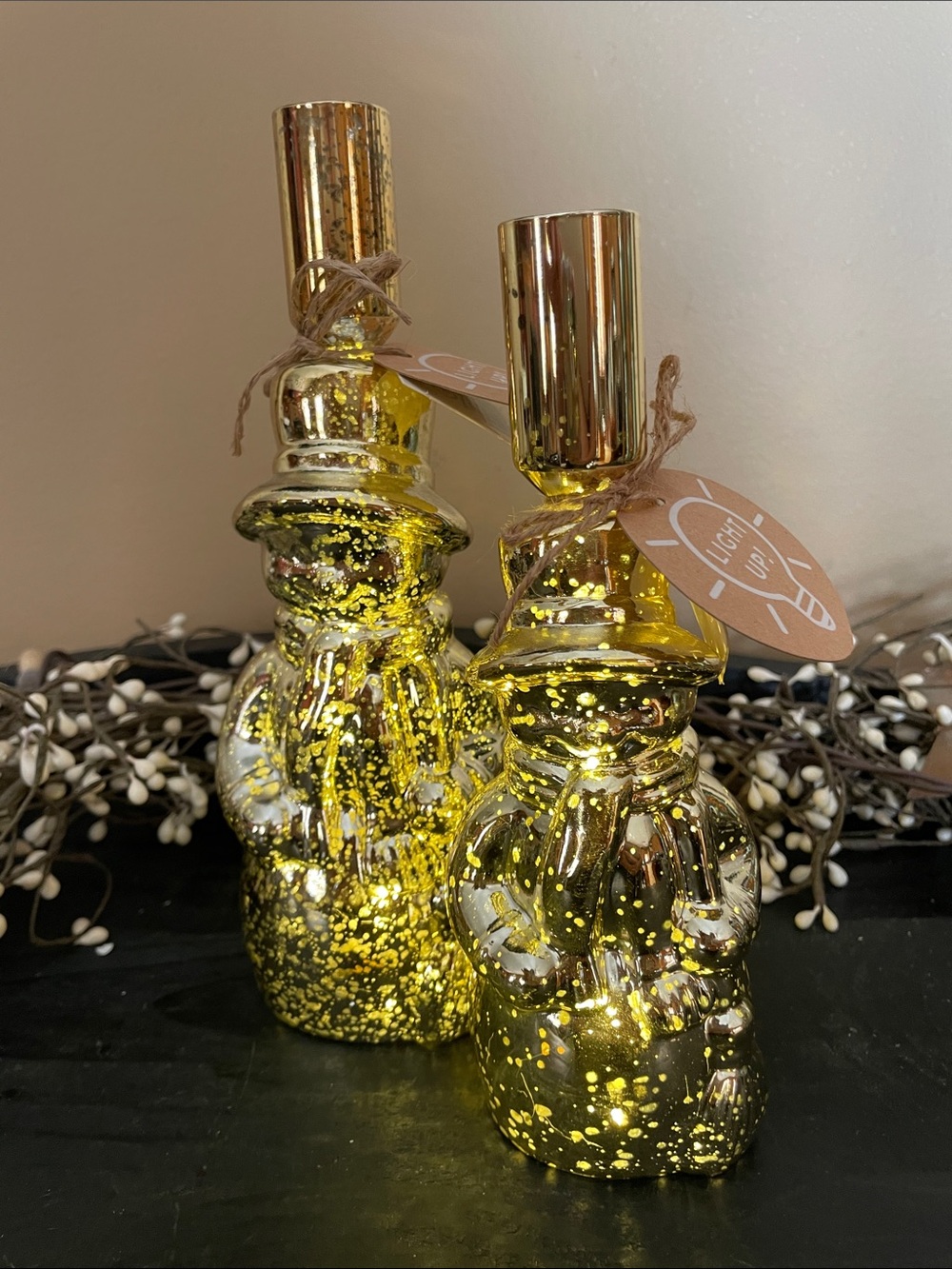 NWT Mud Pie Light up Gold Glass Snowman Taper Candle Holders-7.5”&8.5”-Inc.Batt.
